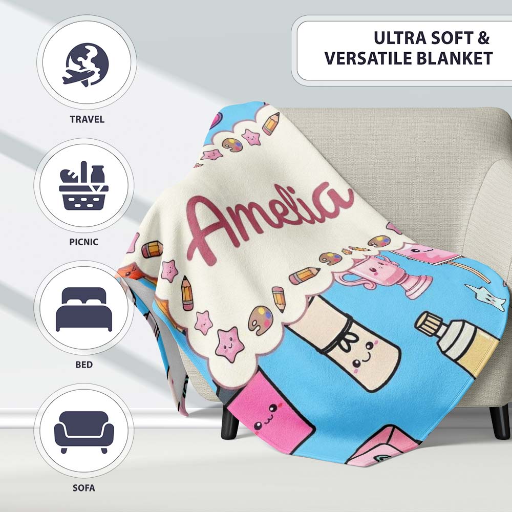 Cute Kawaii Graduation Student Art Supplies Blue Seamless Pattern Personalised Custom Name Super Soft Fleece Blanket Bed Sofa Throw