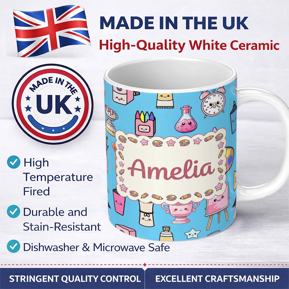 Personalized Custom Name Cute Kawaii Graduation Student Art Supplies Blue Seamless Pattern 11oz Ceramic Coffee Tea Mug White Large Handle