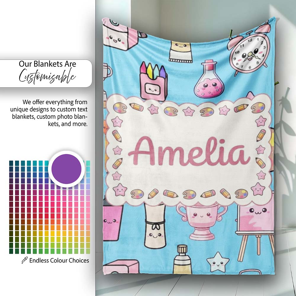 Cute Kawaii Graduation Student Art Supplies Blue Seamless Pattern Personalised Custom Name Super Soft Fleece Blanket Bed Sofa Throw