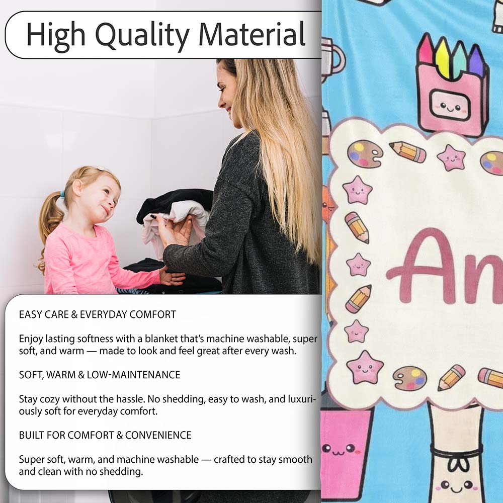 Cute Kawaii Graduation Student Art Supplies Blue Seamless Pattern Personalised Custom Name Super Soft Fleece Blanket Bed Sofa Throw