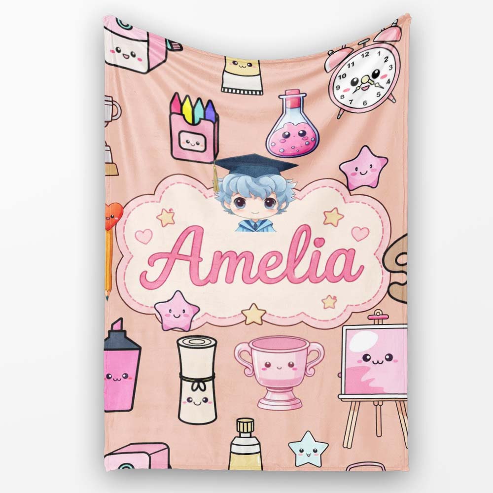 Cute Kawaii Graduation Student Art Supplies Peach Seamless Pattern Personalised Custom Name Super Soft Fleece Blanket Bed Sofa Throw