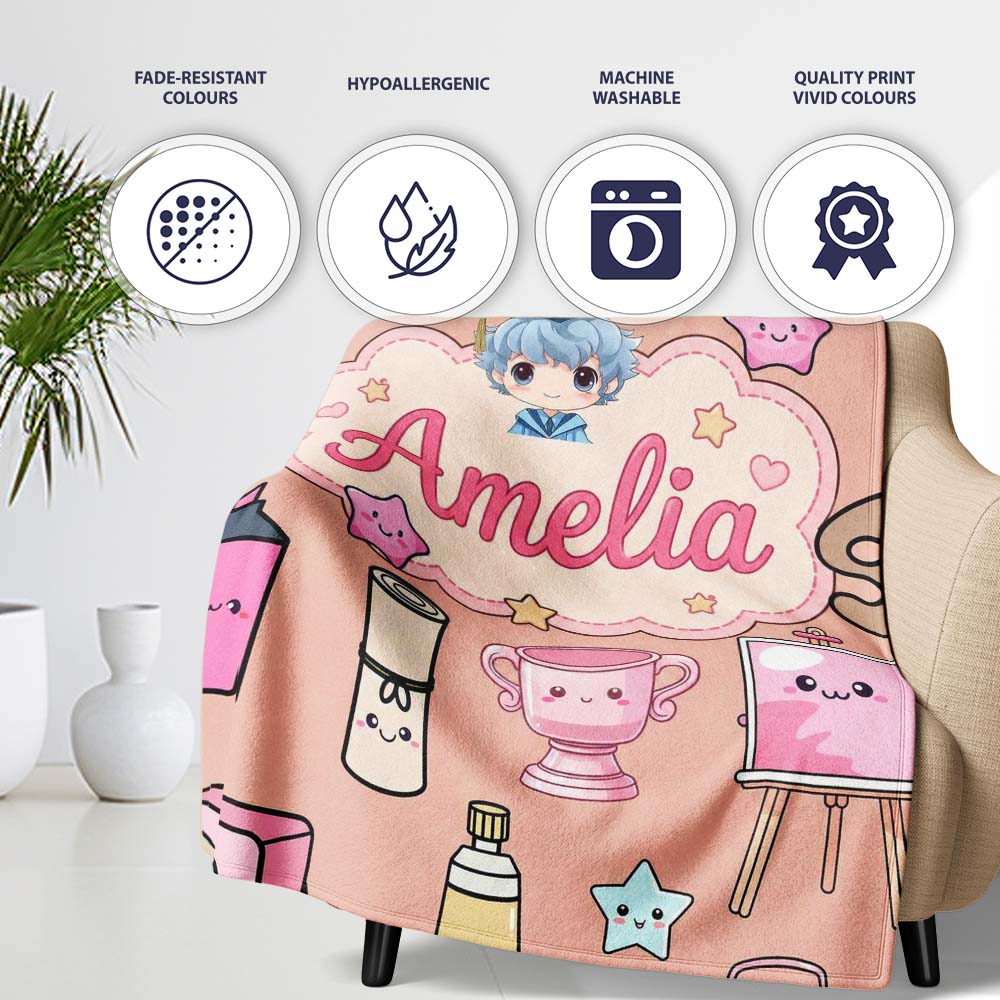 Cute Kawaii Graduation Student Art Supplies Peach Seamless Pattern Personalised Custom Name Super Soft Fleece Blanket Bed Sofa Throw
