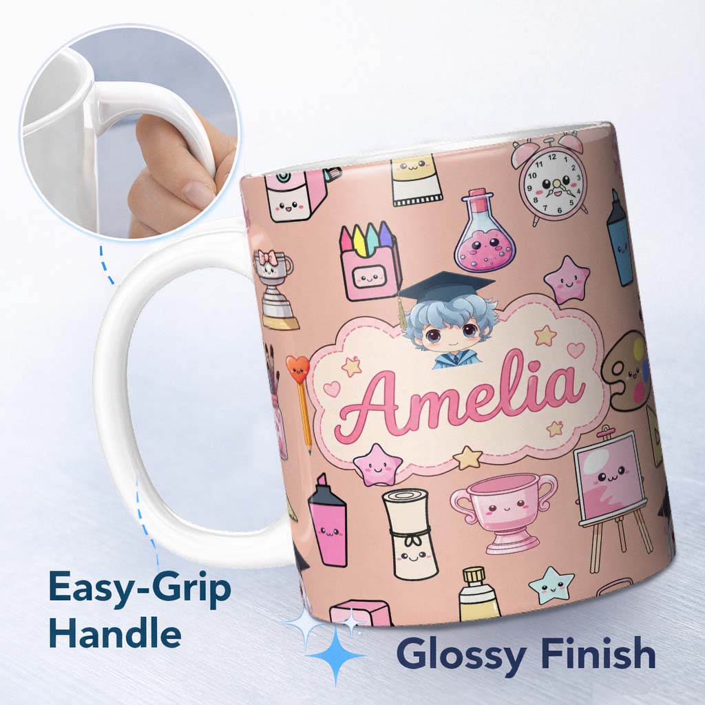 Personalized Custom Name Cute Kawaii Graduation Student Art Supplies Peach Seamless Pattern 11oz Ceramic Coffee Tea Mug White Large Handle