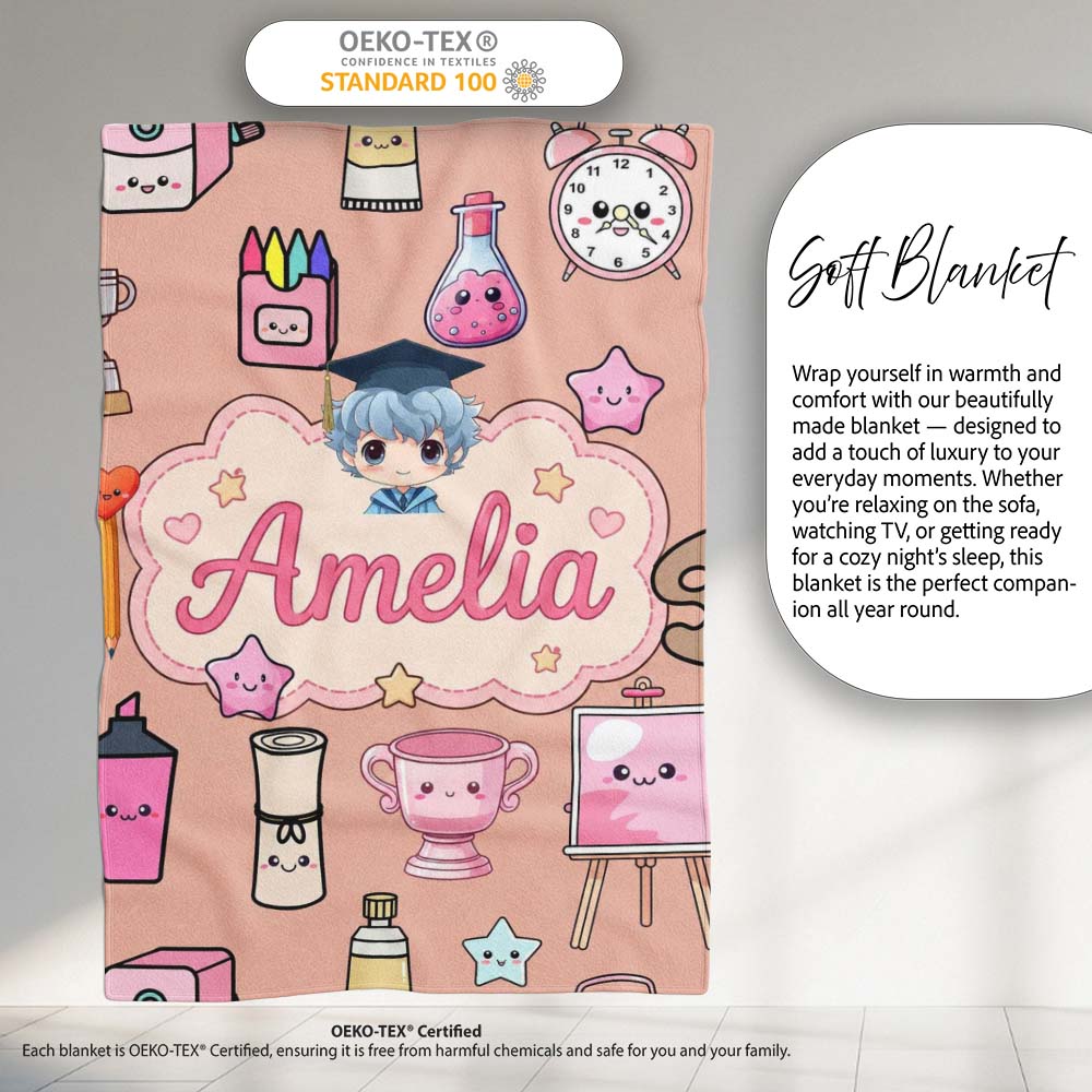 Cute Kawaii Graduation Student Art Supplies Peach Seamless Pattern Personalised Custom Name Super Soft Fleece Blanket Bed Sofa Throw