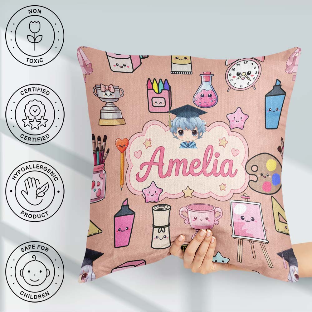 Custom Name Kawaii Graduation Student Art Supplies Peach Pattern Square Filled Cushion Throw Pillow Sofa Bed Home Decor Zip Washable UK Made