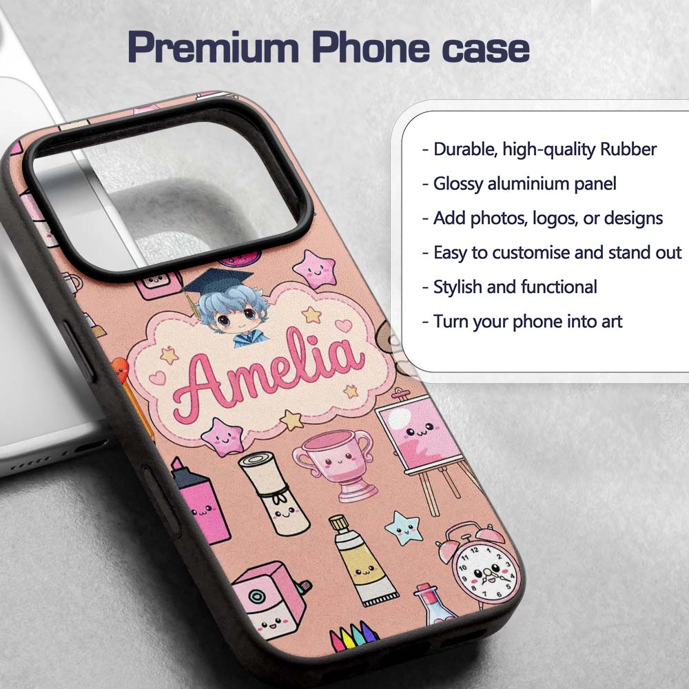 Cute Kawaii Graduation Student Art Supplies Peach Custom Name Protective Phone Case Mobile Cover Durable Everyday Smartphone Shock Resistant