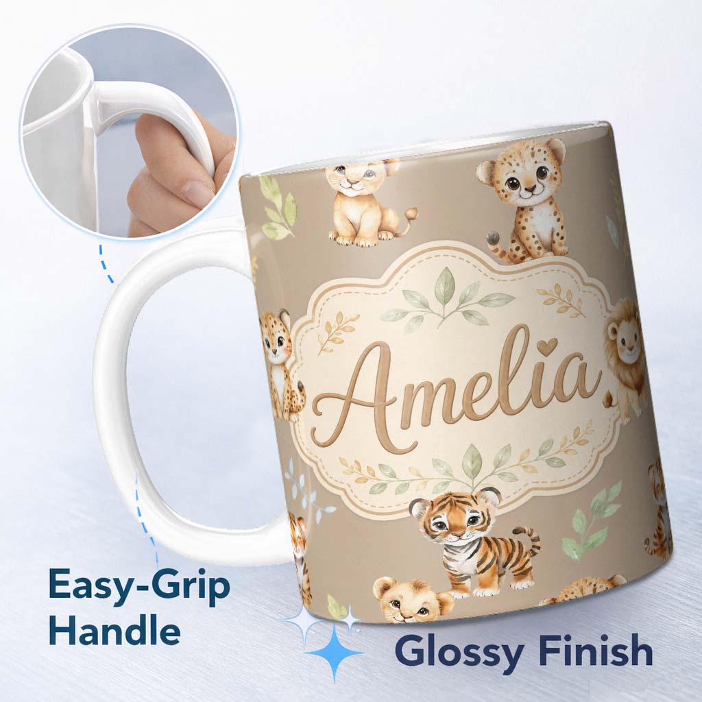 Personalized Custom Name Cute Baby Jungle Animals with Leaves on Warm Beige Background Lovely 11oz Ceramic Coffee Tea Mug White Large Handle
