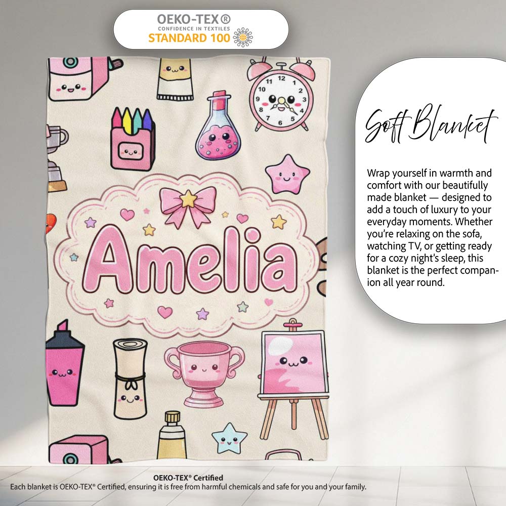 Cute Kawaii Graduation Student Art Supplies Neutral Seamless Personalised Custom Name Super Soft Fleece Blanket Bed Sofa Throw