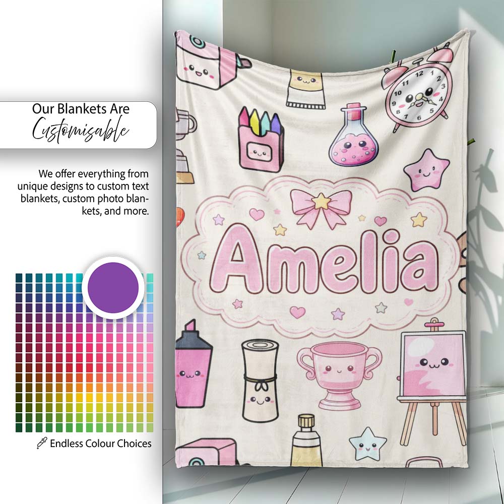 Cute Kawaii Graduation Student Art Supplies Neutral Seamless Personalised Custom Name Super Soft Fleece Blanket Bed Sofa Throw