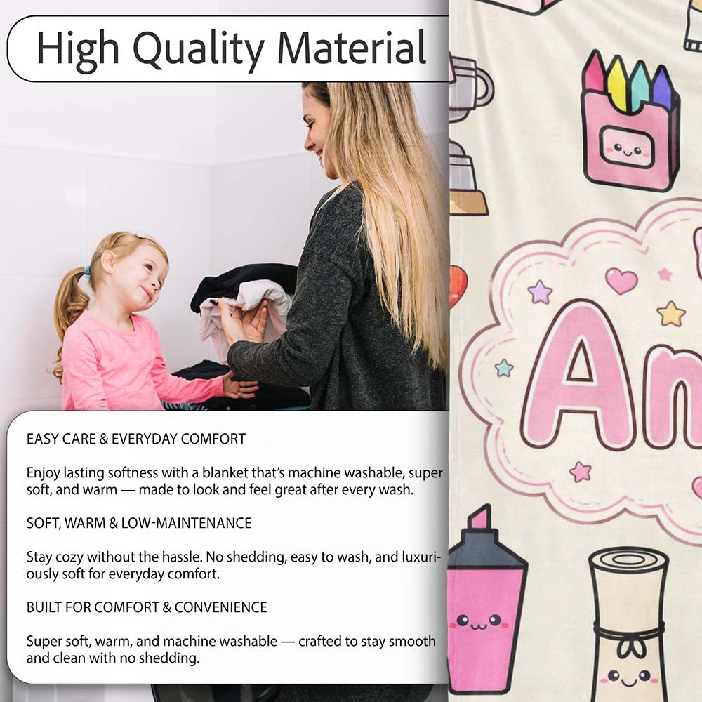 Cute Kawaii Graduation Student Art Supplies Neutral Seamless Personalised Custom Name Super Soft Fleece Blanket Bed Sofa Throw