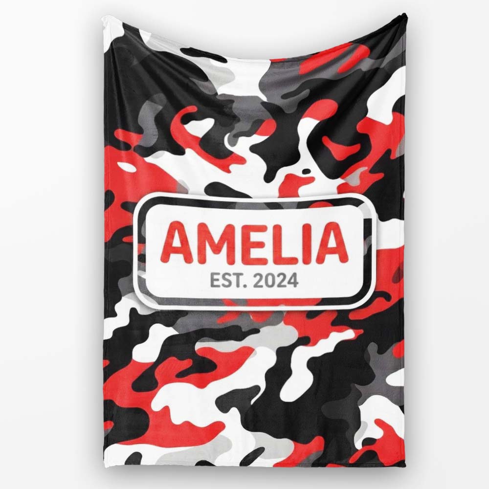 Red Black White Camouflage Bold Graphic Seamless Pattern Lovely Personalised Custom Name Super Soft Fleece Blanket Bed Sofa Throw