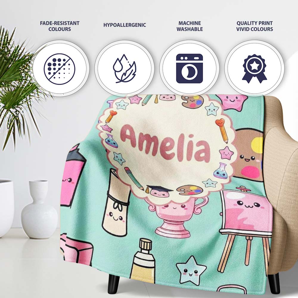 Cute Kawaii Graduation Student Art Supplies Seamless Pattern Name Personalised Custom Name Super Soft Fleece Blanket Bed Sofa Throw