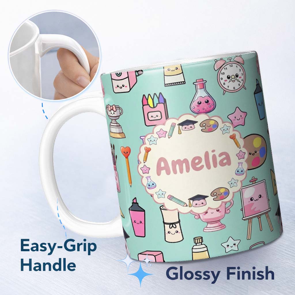 Personalized Custom Name Cute Kawaii Graduation Student Art Supplies Seamless Pattern Name 11oz Ceramic Coffee Tea Mug White Large Handle