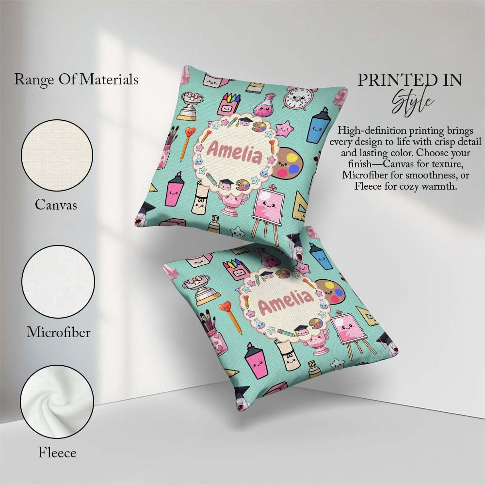 Custom Name Kawaii Graduation Student Art Supplies Seamless Name Square Filled Cushion Throw Pillow Sofa Bed Home Decor Zip Washable UK Made