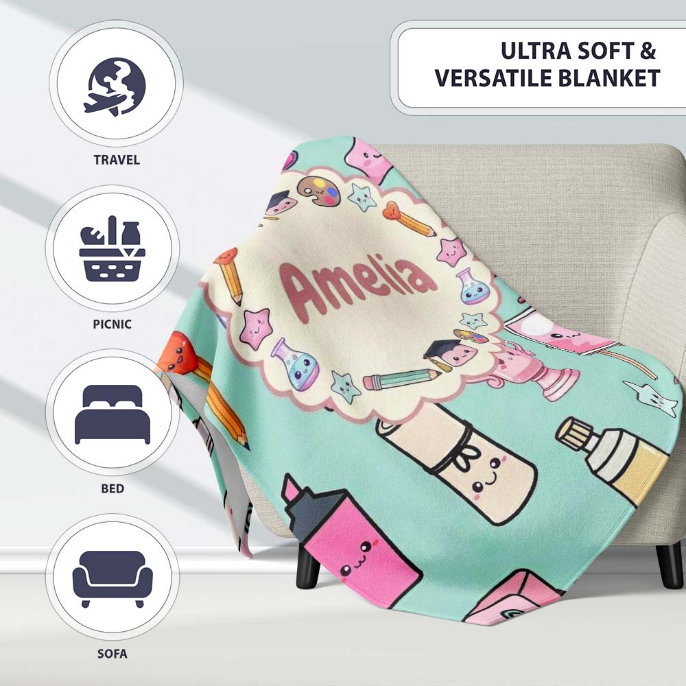 Cute Kawaii Graduation Student Art Supplies Seamless Pattern Name Personalised Custom Name Super Soft Fleece Blanket Bed Sofa Throw