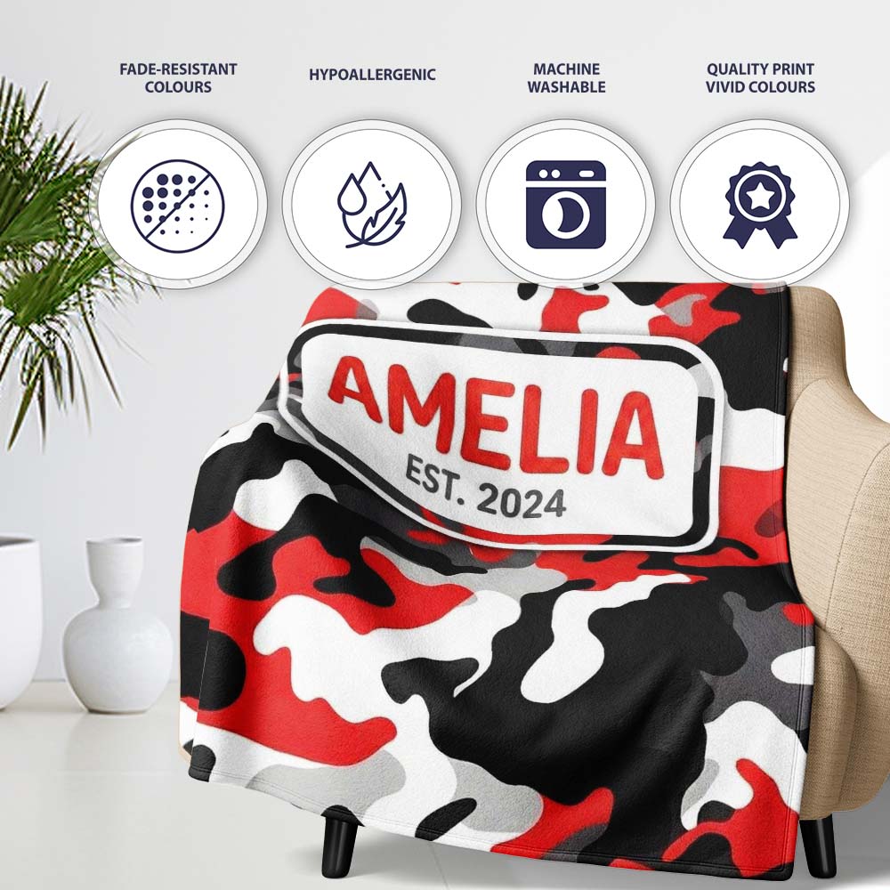 Red Black White Camouflage Bold Graphic Seamless Pattern Lovely Personalised Custom Name Super Soft Fleece Blanket Bed Sofa Throw