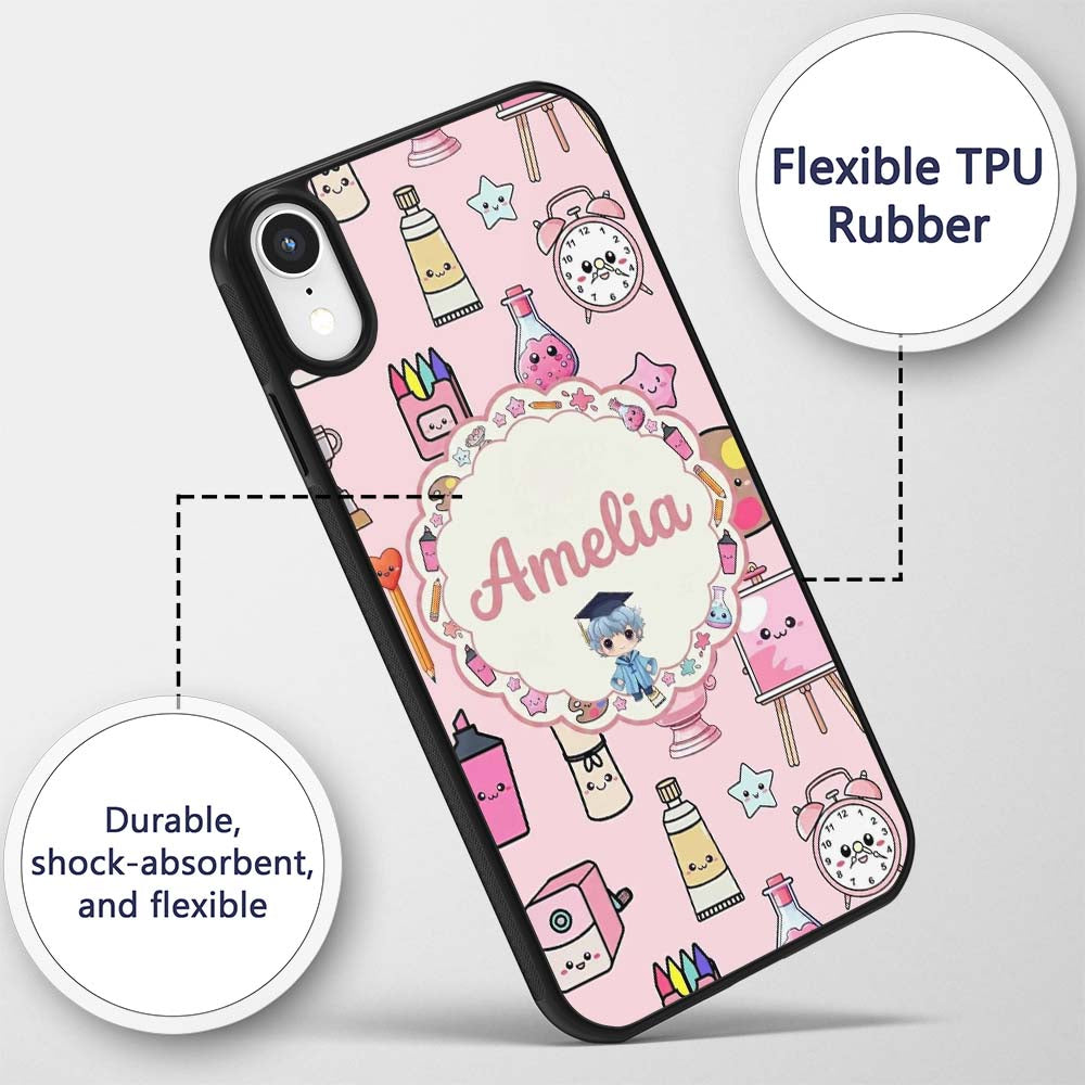 Cute Kawaii Graduation Student Art Supplies Pink Custom Name Protective Phone Case Mobile Cover Durable Everyday Smartphone Shock Resistant