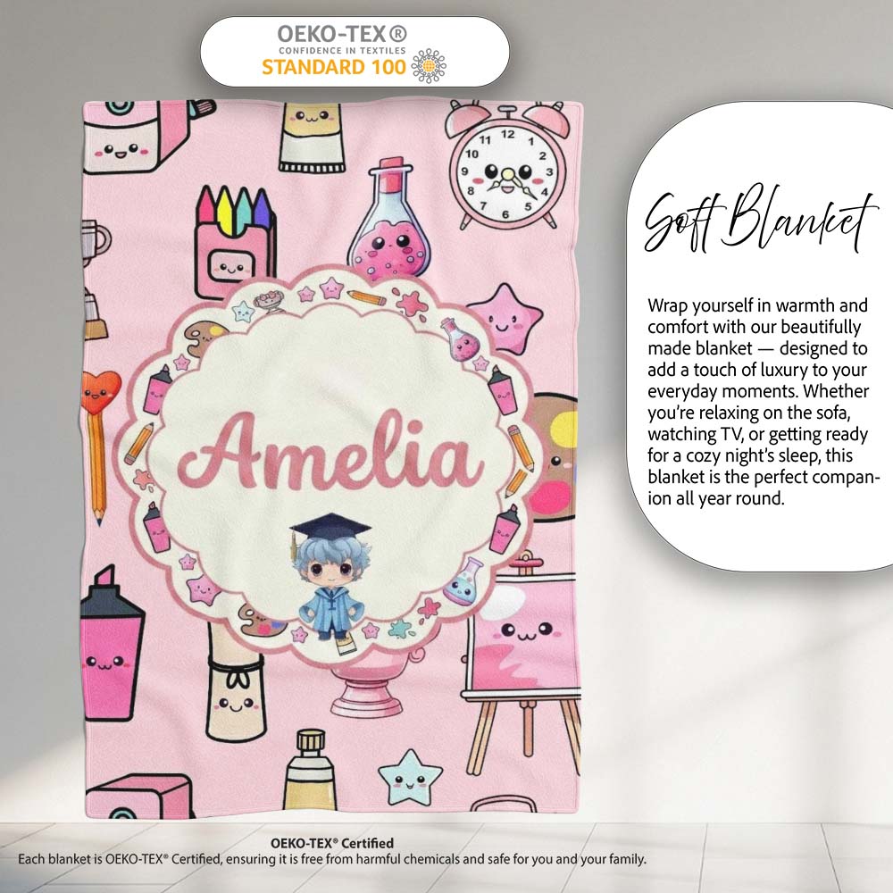 Cute Kawaii Graduation Student Art Supplies Pink Seamless Pattern Personalised Custom Name Super Soft Fleece Blanket Bed Sofa Throw
