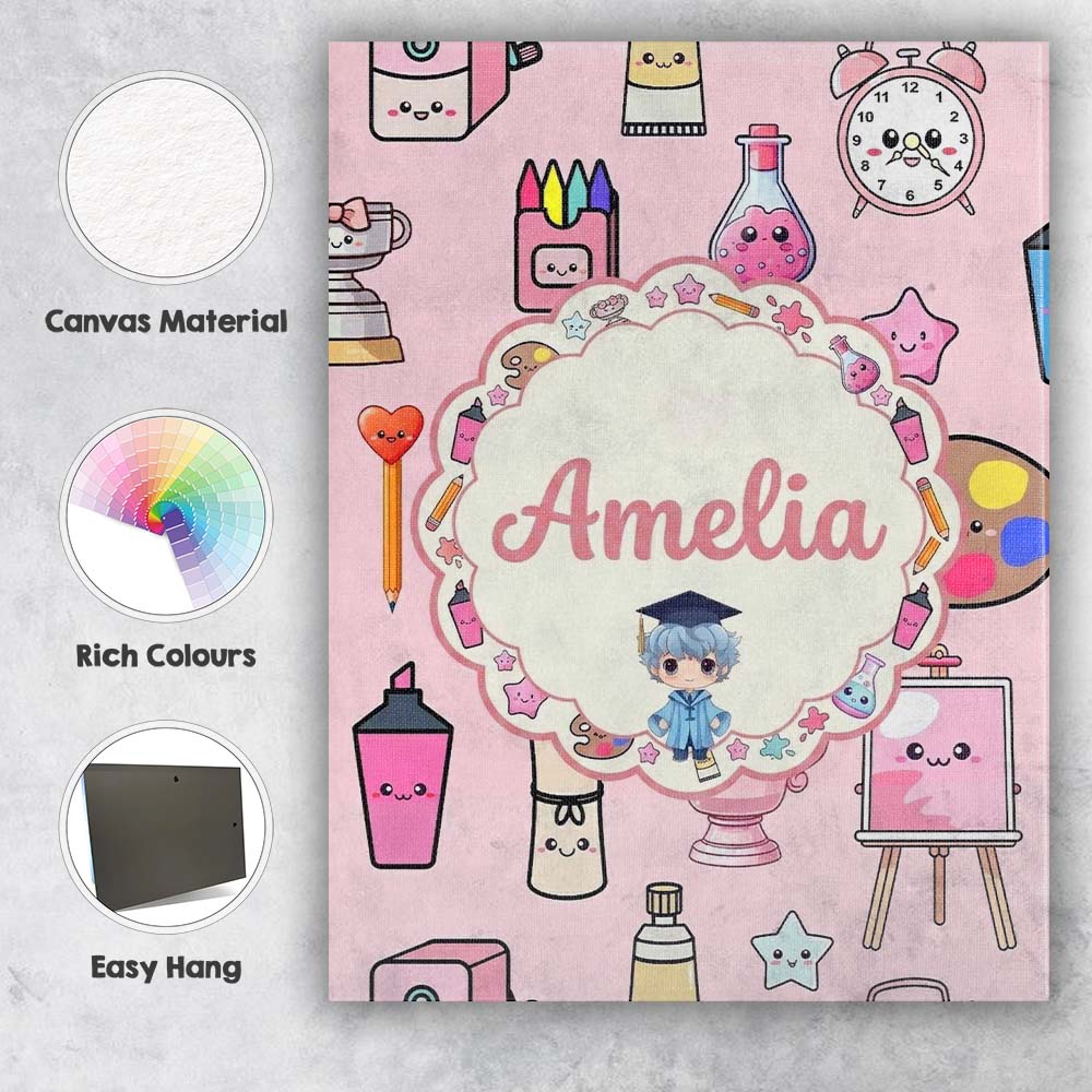 Personalised Name Cute Kawaii Graduation Custom Unique Gift Idea Elegant Feature Canvas Wall Art Print Decor Picture Ready to Hang