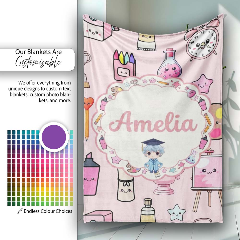 Cute Kawaii Graduation Student Art Supplies Pink Seamless Pattern Personalised Custom Name Super Soft Fleece Blanket Bed Sofa Throw