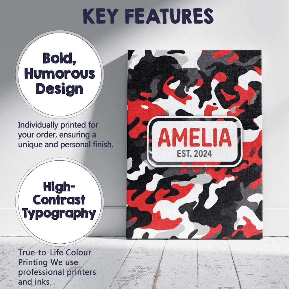 Personalised Name Red Black White Camouflage Bold Graphic Seamless Custom Unique Canvas Wall Art Print Decor Picture Ready to Hang