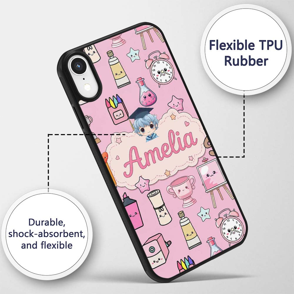 Cute Kawaii Graduation Student Art Supplies Blush Custom Name Protective Phone Case Mobile Cover Durable Everyday Smartphone Shock Resistant