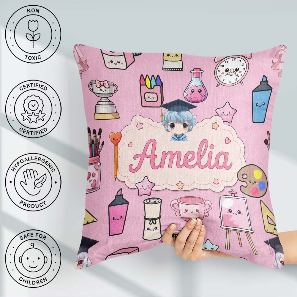 Custom Name Kawaii Graduation Student Art Supplies Blush Pattern Square Filled Cushion Throw Pillow Sofa Bed Home Decor Zip Washable UK Made