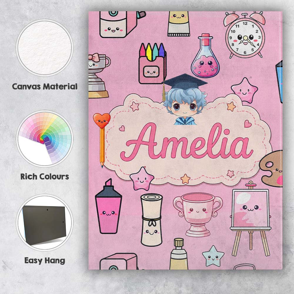 Personalised Name Cute Kawaii Graduation Custom Unique Gift Idea Elegant Feature Canvas Wall Art Print Decor Picture Ready to Hang