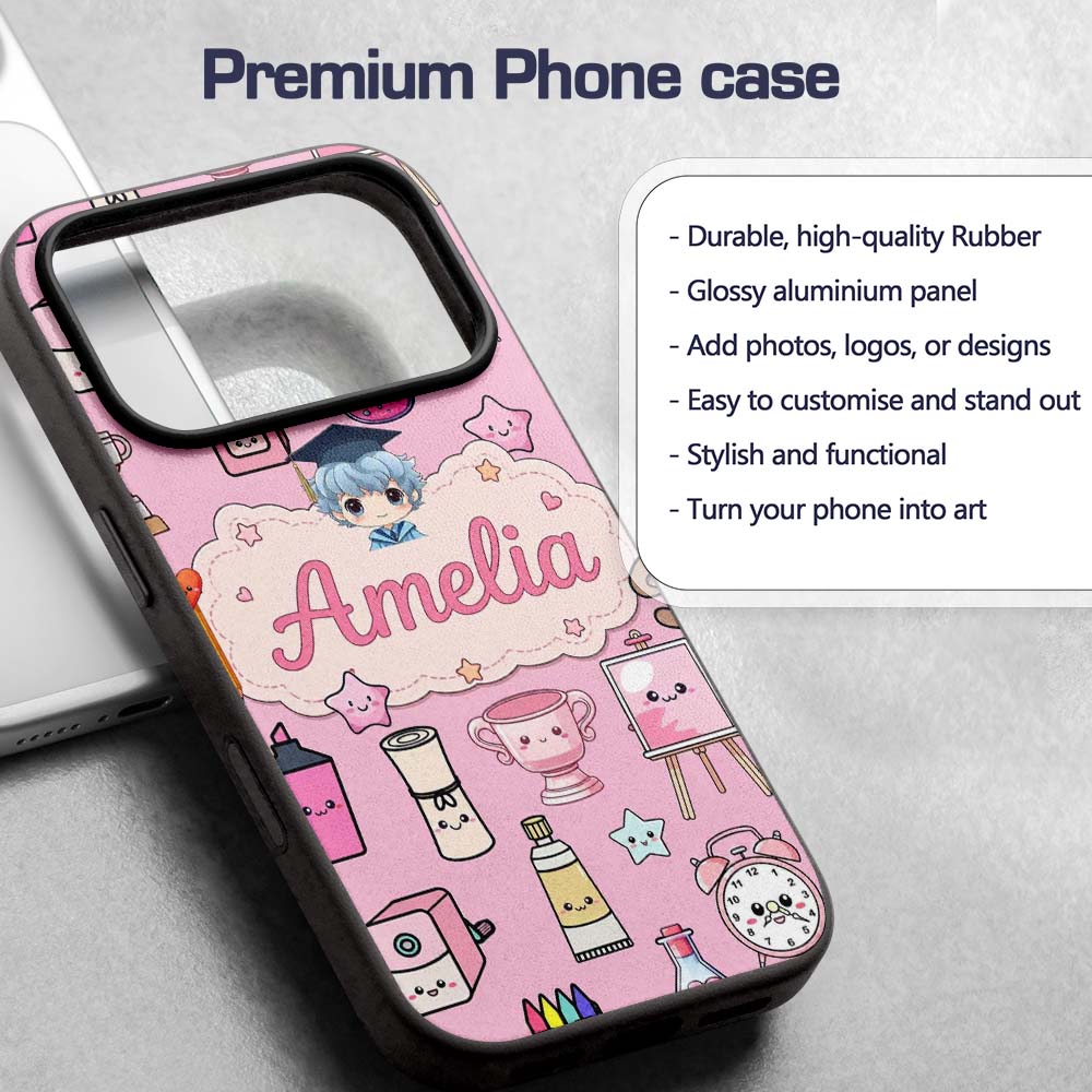 Cute Kawaii Graduation Student Art Supplies Blush Custom Name Protective Phone Case Mobile Cover Durable Everyday Smartphone Shock Resistant