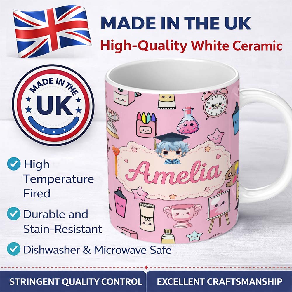 Personalized Custom Name Cute Kawaii Graduation Student Art Supplies Blush Seamless Pattern 11oz Ceramic Coffee Tea Mug White Large Handle