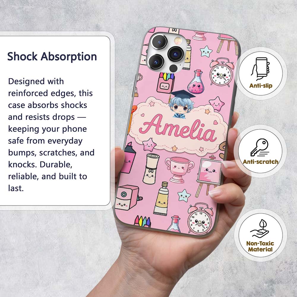 Cute Kawaii Graduation Student Art Supplies Blush Custom Name Protective Phone Case Mobile Cover Durable Everyday Smartphone Shock Resistant