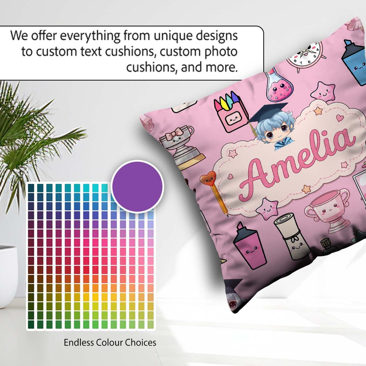 Custom Name Kawaii Graduation Student Art Supplies Blush Pattern Square Filled Cushion Throw Pillow Sofa Bed Home Decor Zip Washable UK Made