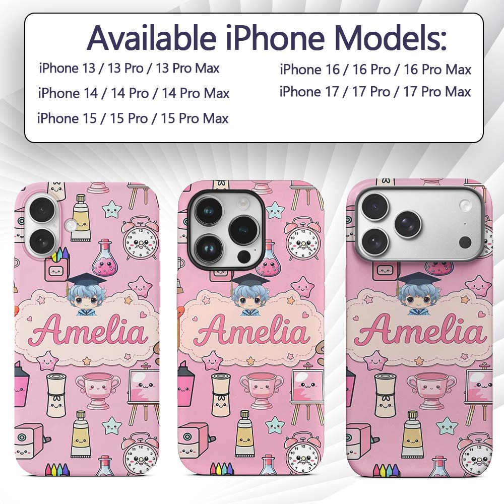 Cute Kawaii Graduation Student Art Supplies Blush Custom Name Protective Phone Case Mobile Cover Durable Everyday Smartphone Shock Resistant