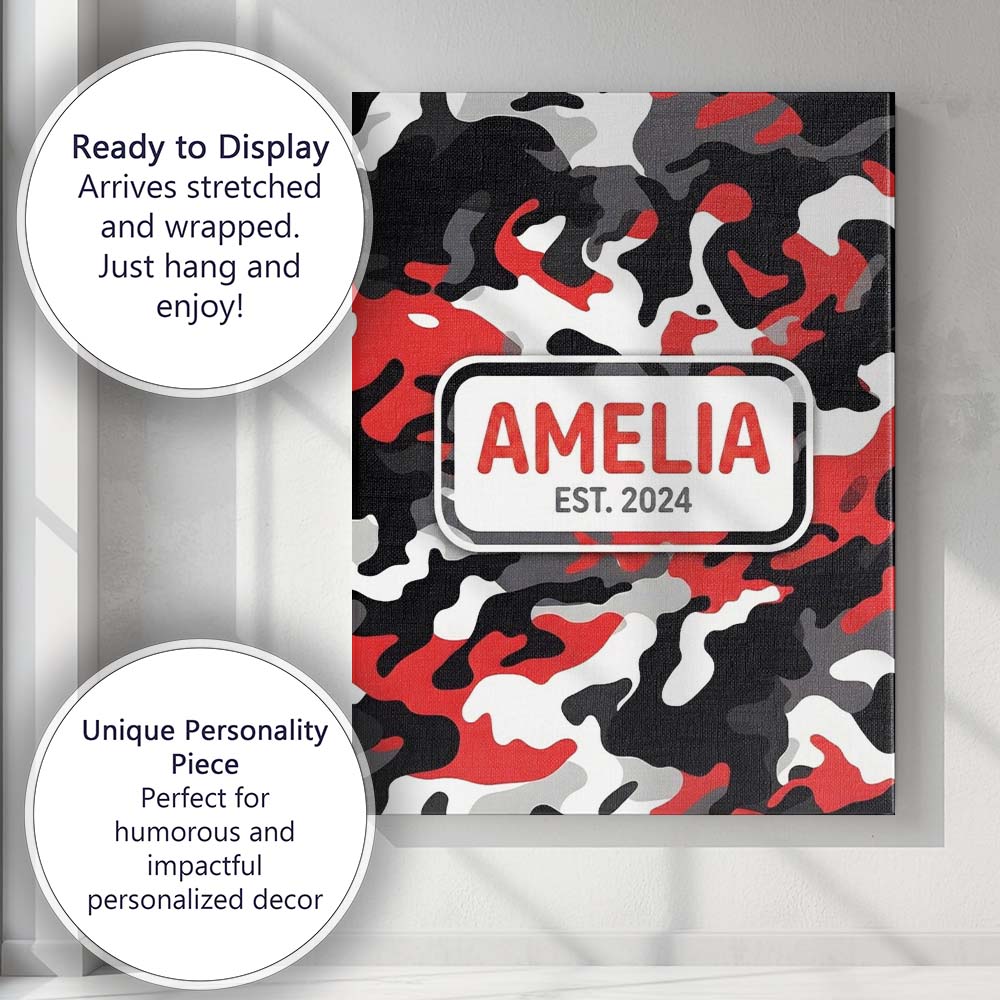 Personalised Name Red Black White Camouflage Bold Graphic Seamless Custom Unique Canvas Wall Art Print Decor Picture Ready to Hang