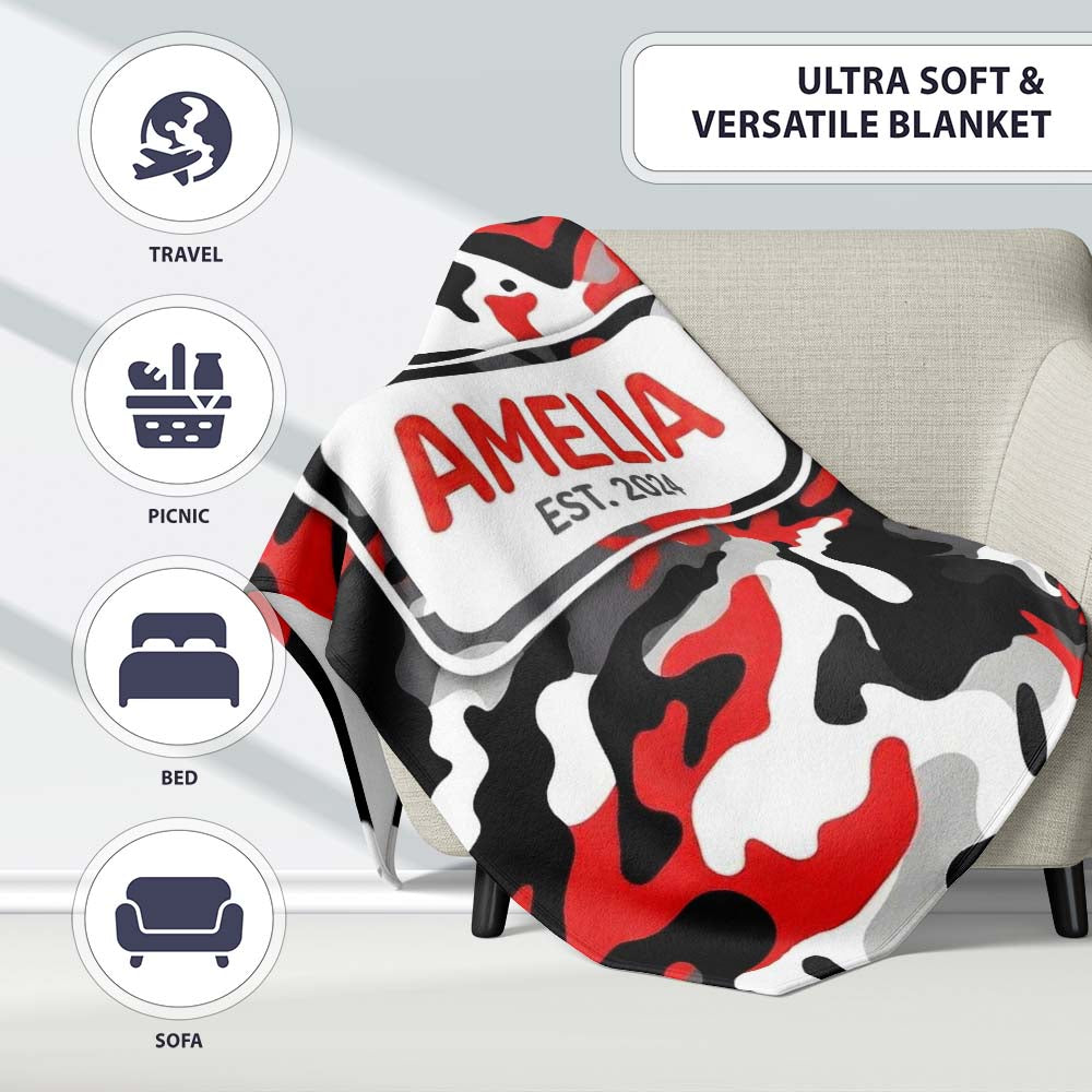 Red Black White Camouflage Bold Graphic Seamless Pattern Lovely Personalised Custom Name Super Soft Fleece Blanket Bed Sofa Throw