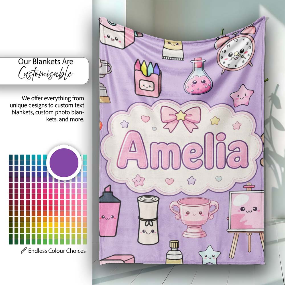 Cute Kawaii Graduation Student Art Supplies Purple Seamless Pattern Personalised Custom Name Super Soft Fleece Blanket Bed Sofa Throw