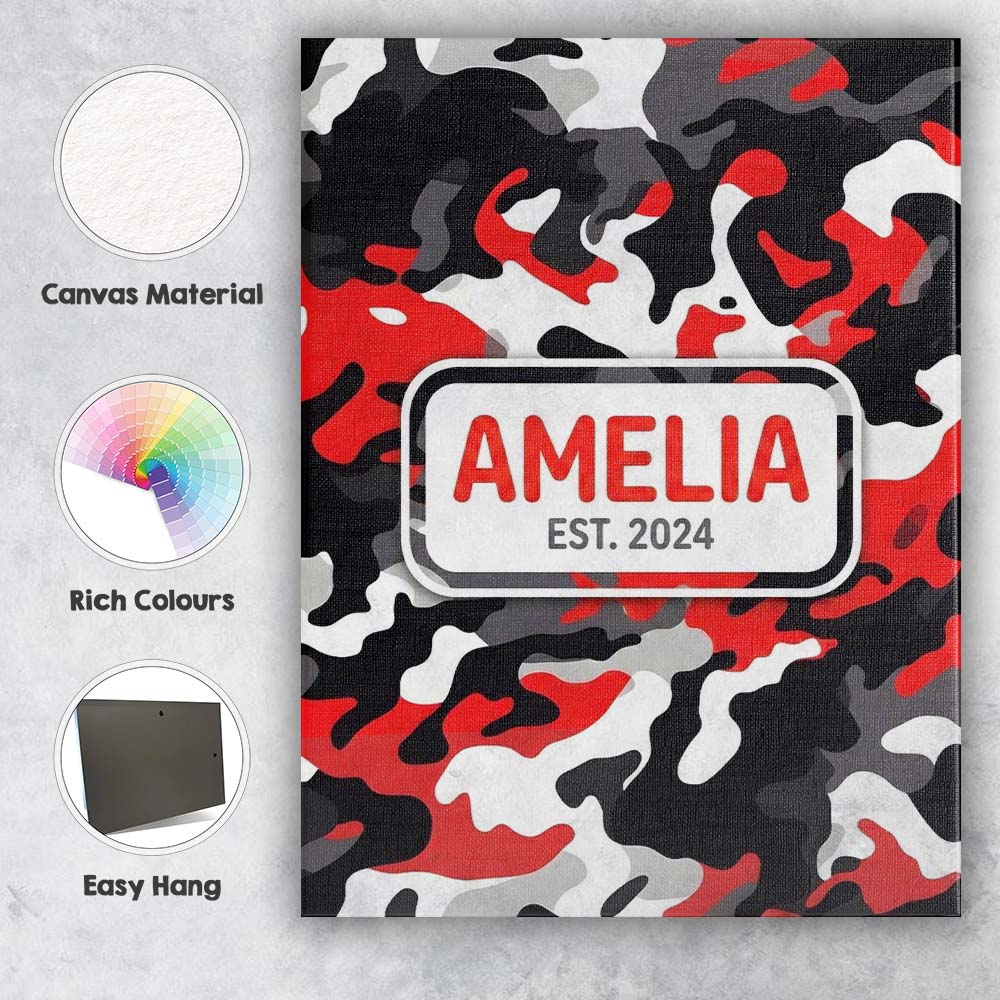 Personalised Name Red Black White Camouflage Bold Graphic Seamless Custom Unique Canvas Wall Art Print Decor Picture Ready to Hang