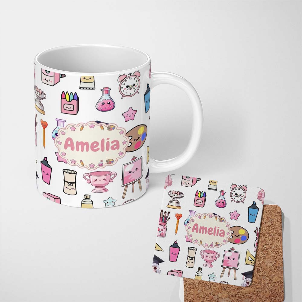 Personalized Custom Name Cute Kawaii Graduation Student Art Supplies Grey Seamless Pattern 11oz Ceramic Coffee Tea Mug White Large Handle