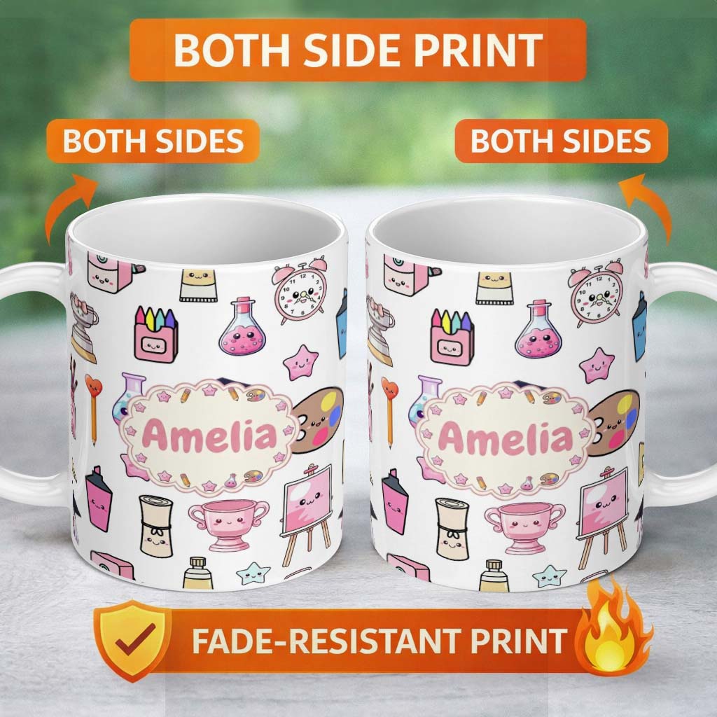 Personalized Custom Name Cute Kawaii Graduation Student Art Supplies Grey Seamless Pattern 11oz Ceramic Coffee Tea Mug White Large Handle