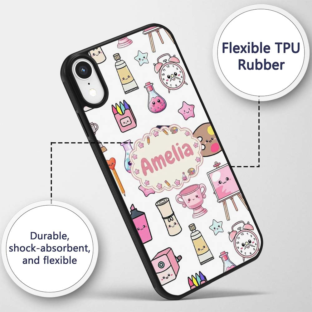 Cute Kawaii Graduation Student Art Supplies Grey Custom Name Protective Phone Case Mobile Cover Durable Everyday Smartphone Shock Resistant