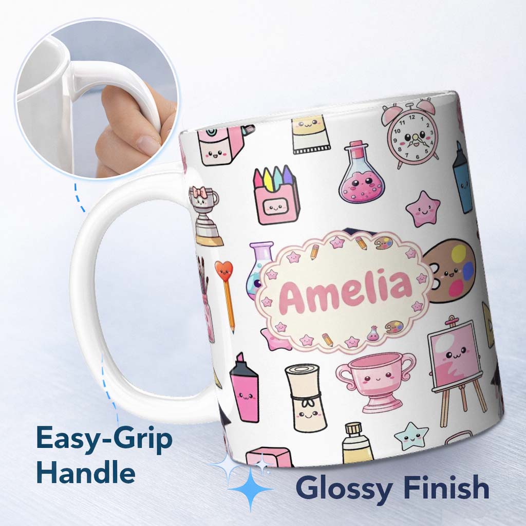 Personalized Custom Name Cute Kawaii Graduation Student Art Supplies Grey Seamless Pattern 11oz Ceramic Coffee Tea Mug White Large Handle