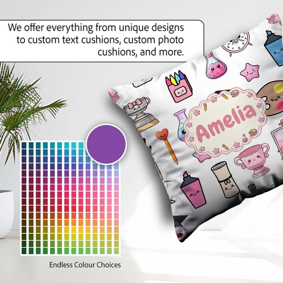 Custom Name Kawaii Graduation Student Art Supplies Grey Seamless Square Filled Cushion Throw Pillow Sofa Bed Home Decor Zip Washable UK Made