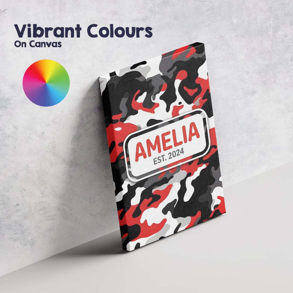 Personalised Name Red Black White Camouflage Bold Graphic Seamless Custom Unique Canvas Wall Art Print Decor Picture Ready to Hang