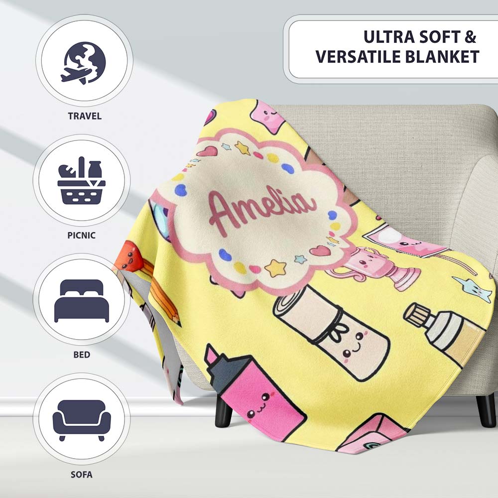Cute Kawaii Graduation Student Art Supplies Yellow Seamless Pattern Personalised Custom Name Super Soft Fleece Blanket Bed Sofa Throw