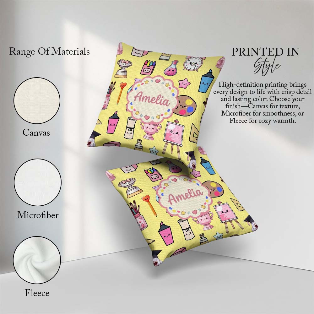 Custom Name Kawaii Student Art Supplies Yellow Seamless Pattern Square Filled Cushion Throw Pillow Sofa Bed Home Decor Zip Washable UK Made