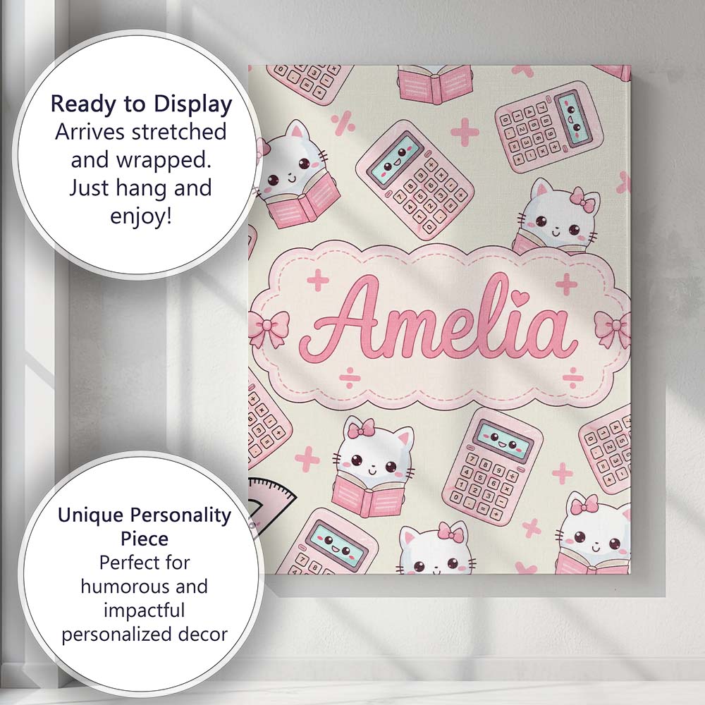 Personalised Name Cute Kawaii Maths Cat Custom Modern Room Accent Elegant Feature Canvas Wall Art Print Decor Picture Ready to Hang
