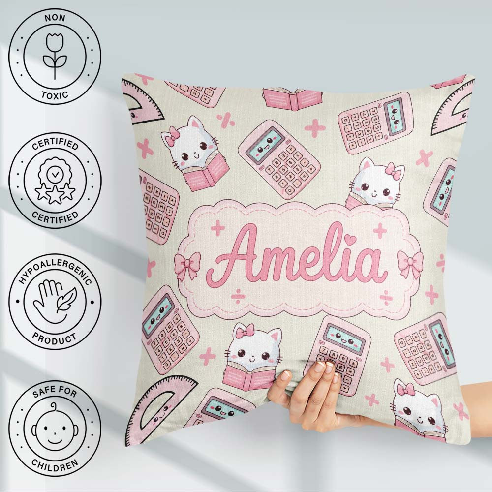 Custom Name Cute Kawaii Maths Cat Calculator Ruler Seamless Name Square Filled Cushion Throw Pillow Sofa Bed Home Decor Zip Washable UK Made