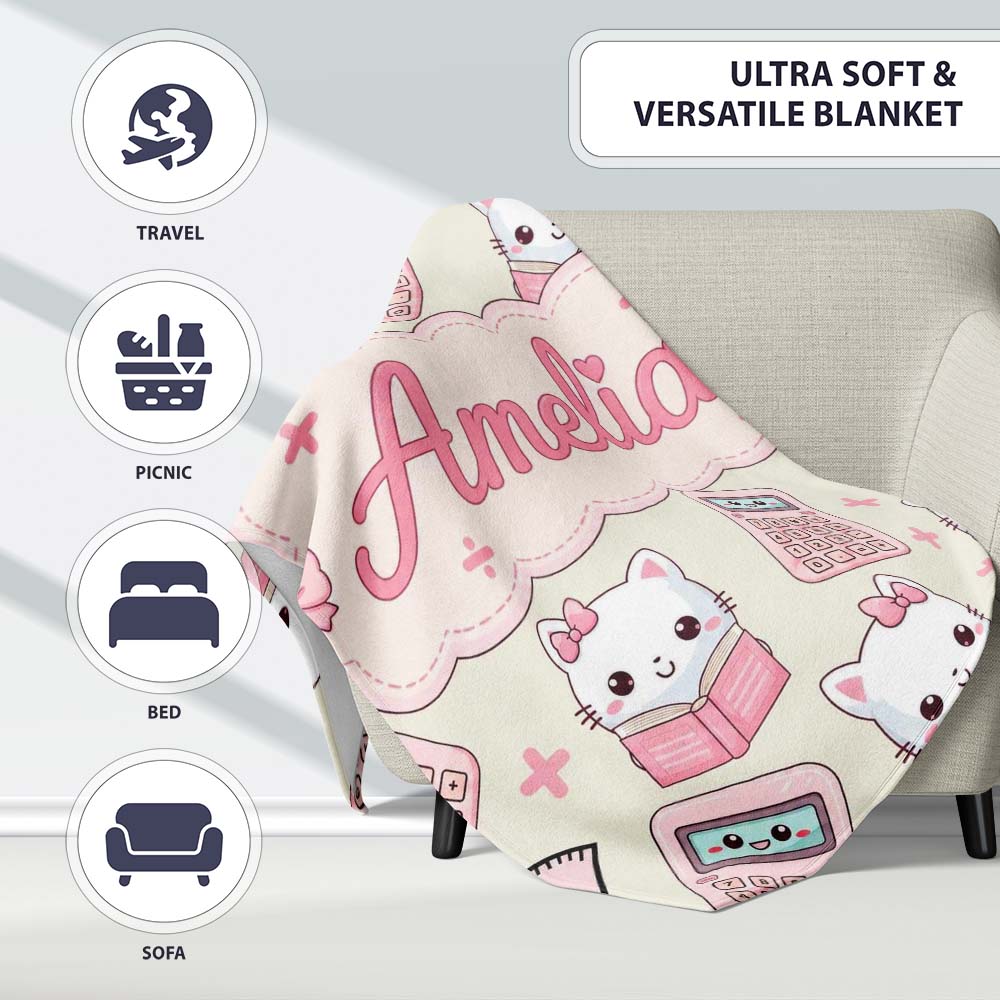 Cute Kawaii Maths Cat Calculator Ruler Seamless Pattern Name Unique Personalised Custom Name Super Soft Fleece Blanket Bed Sofa Throw
