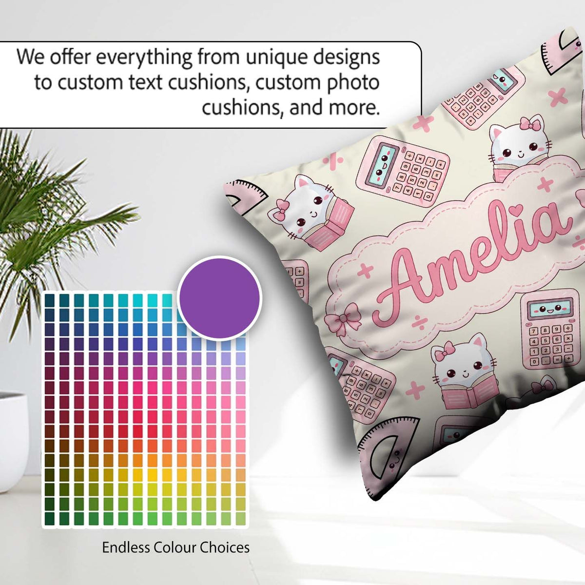 Custom Name Cute Kawaii Maths Cat Calculator Ruler Seamless Name Square Filled Cushion Throw Pillow Sofa Bed Home Decor Zip Washable UK Made