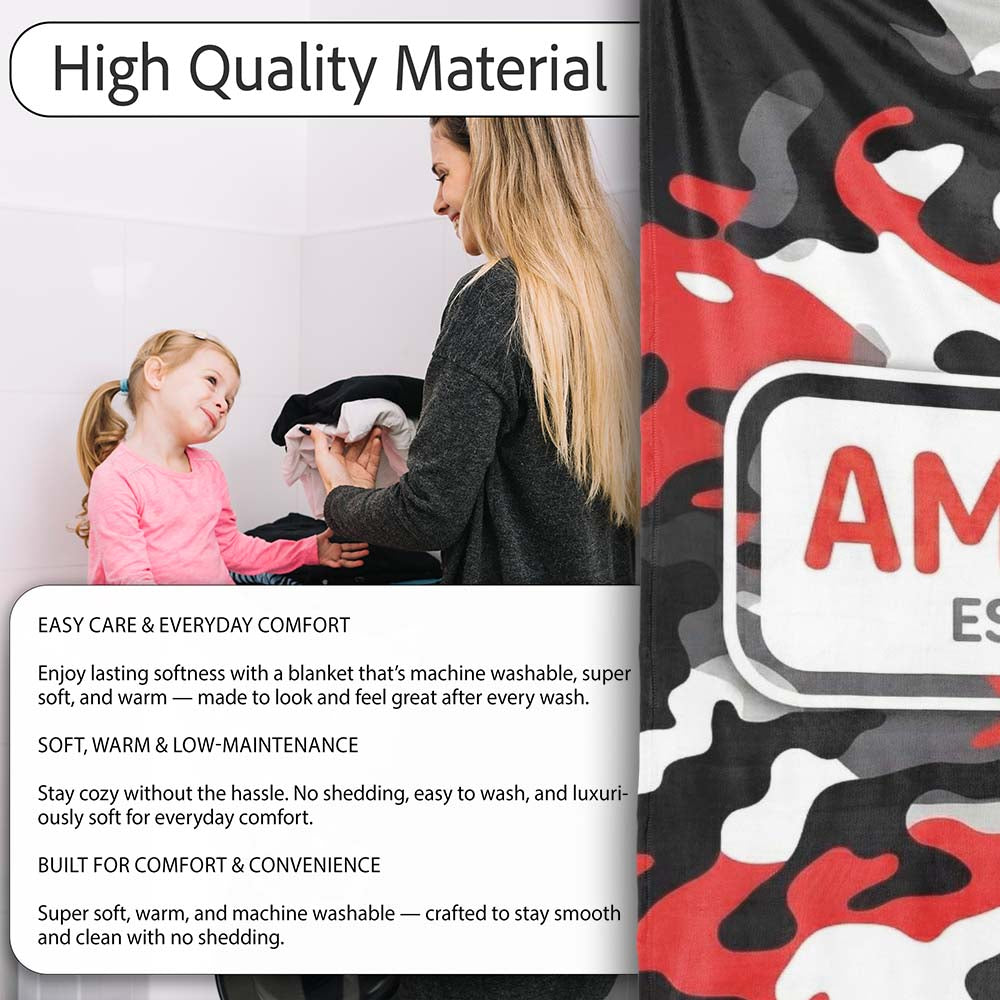 Red Black White Camouflage Bold Graphic Seamless Pattern Lovely Personalised Custom Name Super Soft Fleece Blanket Bed Sofa Throw